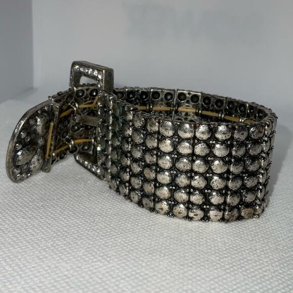 VTG SILVER TONE BELT STYLE RHINESTONE CRYSTAL EXPANDABLE BRACELET - Picture 9 of 9